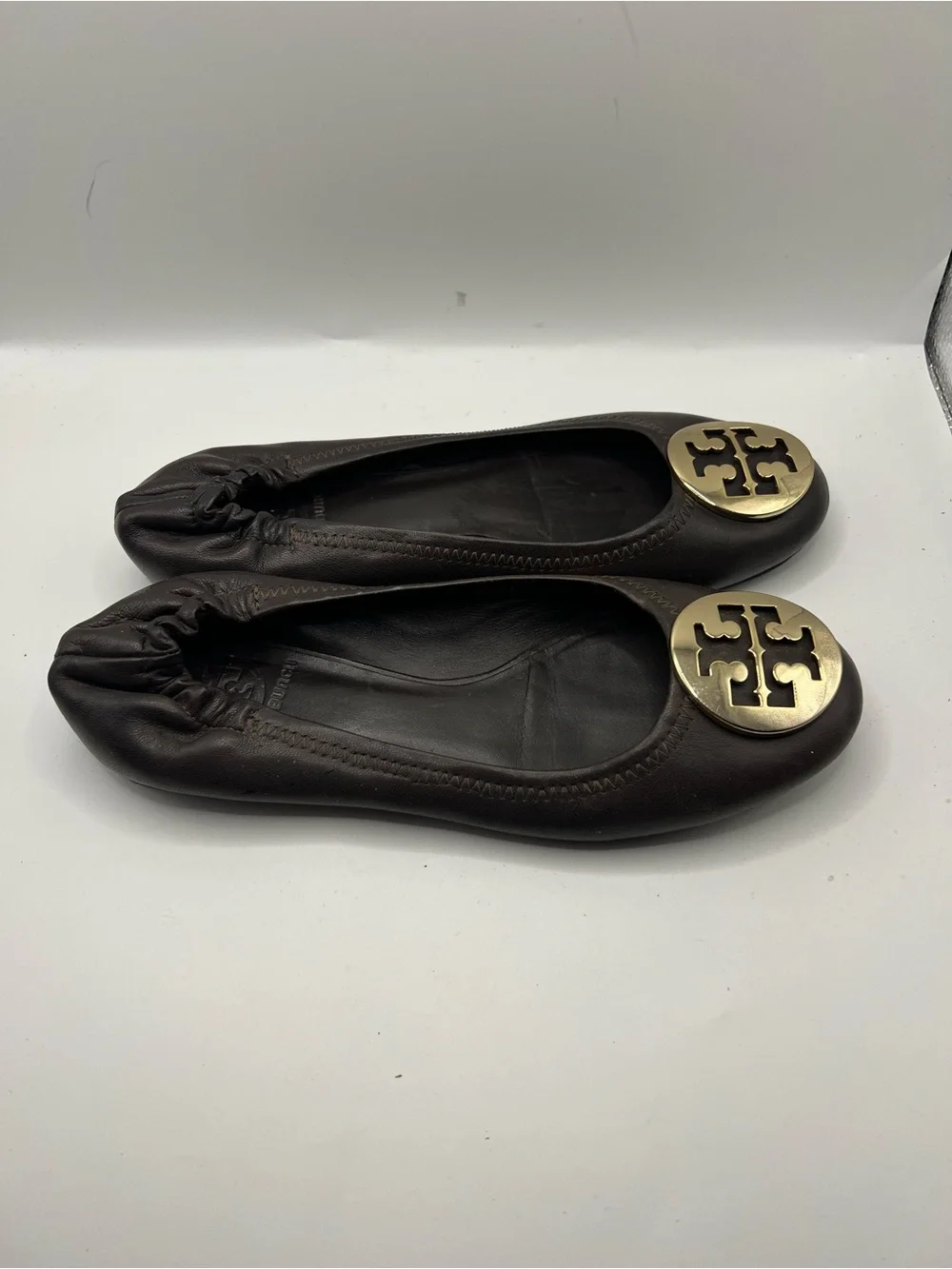 Tory Burch Dark Brown Leather Logo Ballet Flats with Gold Emblem
